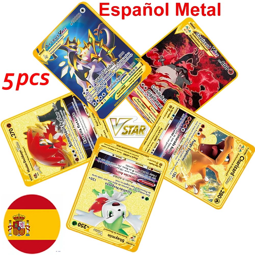 

5PCS Pokemon Spanish Metal Cards Charizard Pikachu Collection Gold Cards VMAX Vstar Original Game Collection Gifts For Children