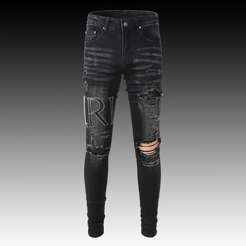 American Street Fashion Men Jeans Black Gray Elastic Destroyed Slim Ripped Jeans Men Brand Patched Designer Hip Hop Denim Pants