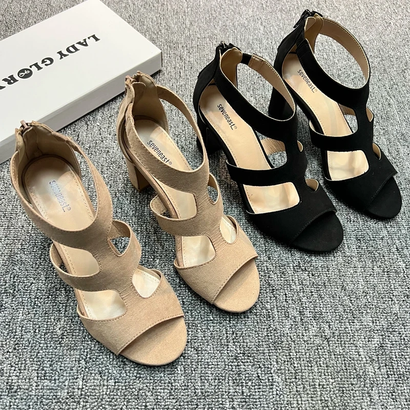 

Black Platform Sandals Open Toe High Heels Velvet Shoes Suit Female Beige 2022 Summer Large Size Espadrilles Peep High-heeled Su
