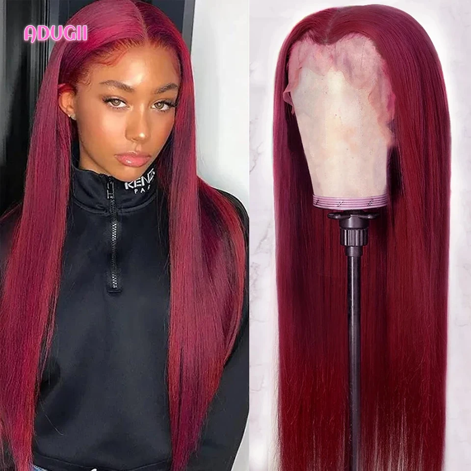 Burgundy Straight Lace Front Wig Peruvian Hair Transparent Lace Front Human Hair Wig 99J Red Lace Wigs For Women 180 Density