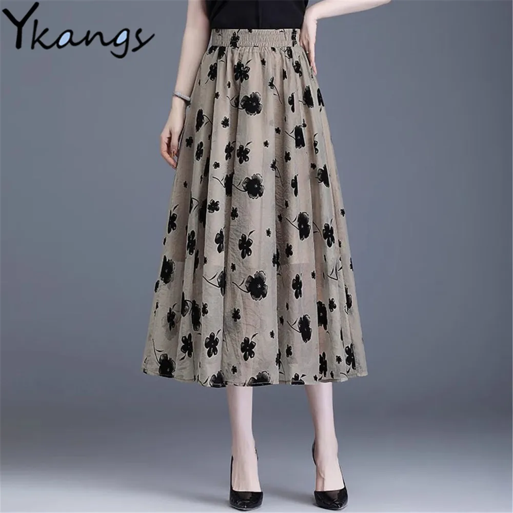 

Printed Simple Chiffon Patchwork Fashionable Pleated Skirt Mom Black Autumn Elastic High Waist Casual Temperament Women Skirts
