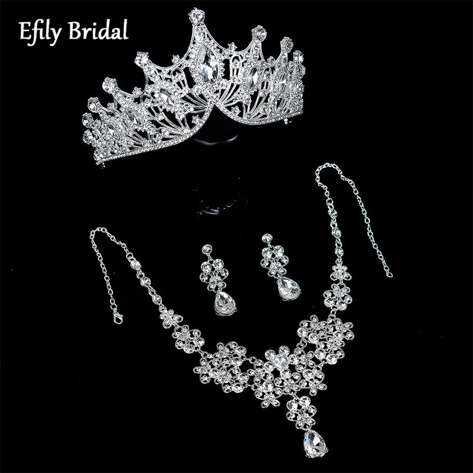 

Efily Baroque Wedding Jewelry Sets for Women Silver Color Luxury Bridal Tiara Hair Crown Bride Accessories Necklace and Earrings