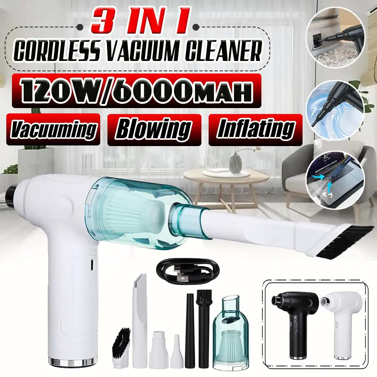 

3 IN 1 Wireless Car Vacuum Cleaner Air Blower Inflator Cordless Handheld Auto Vacuum Home Car Mini Vacuum Cleaner 120W 6000mah