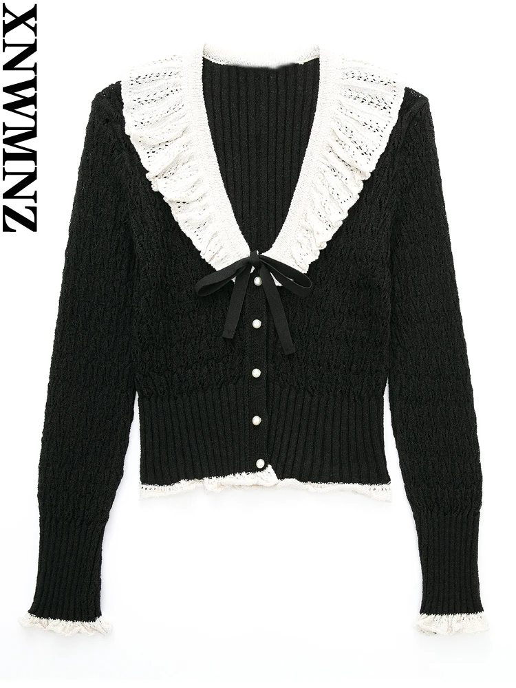 

XNWMNZ 2022 Women Fashion Front Bow Tie Semi-sheer Knit Cardigan Sweater Vintage V Neck Long Sleeve Female Outerwear Casual Tops