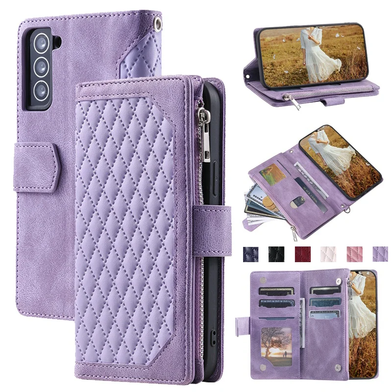 

Lanyard Rhombic Leather Case for Samsung Galaxy S23 S22 S21 S20 FE S10 S9 S8 Plus Note 20 Ultra 10 9 8 5G Flip Wallet Card Cover
