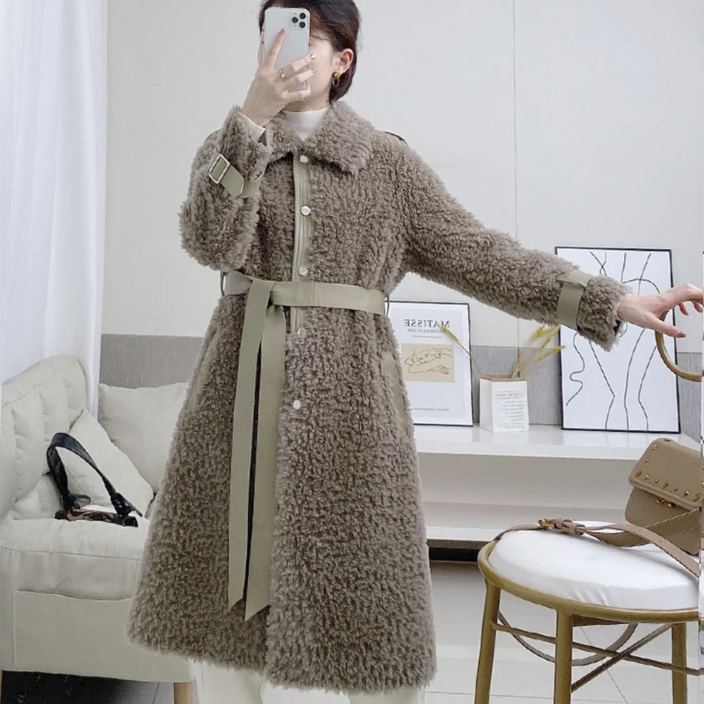 Women Jacket Long Winter 100% Wool Coat With Real Sheepskin Leather Belt Casual Ladies Overcoat Keep Warm
