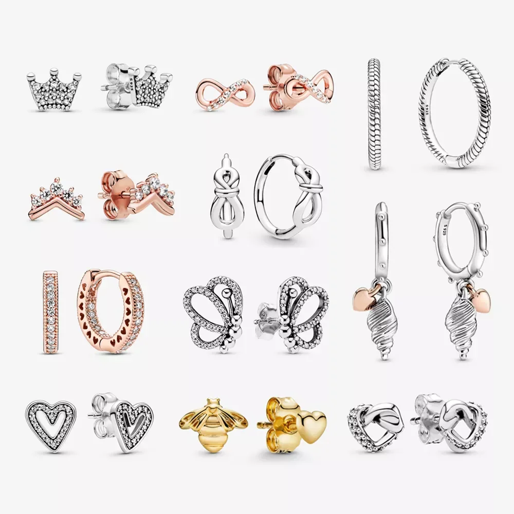 

Original 925 Sterling Silver Earrings 2022 Stud Crystal Earings For Women Rose Gold Crown Heart Infinity Bee Earing Jewelry