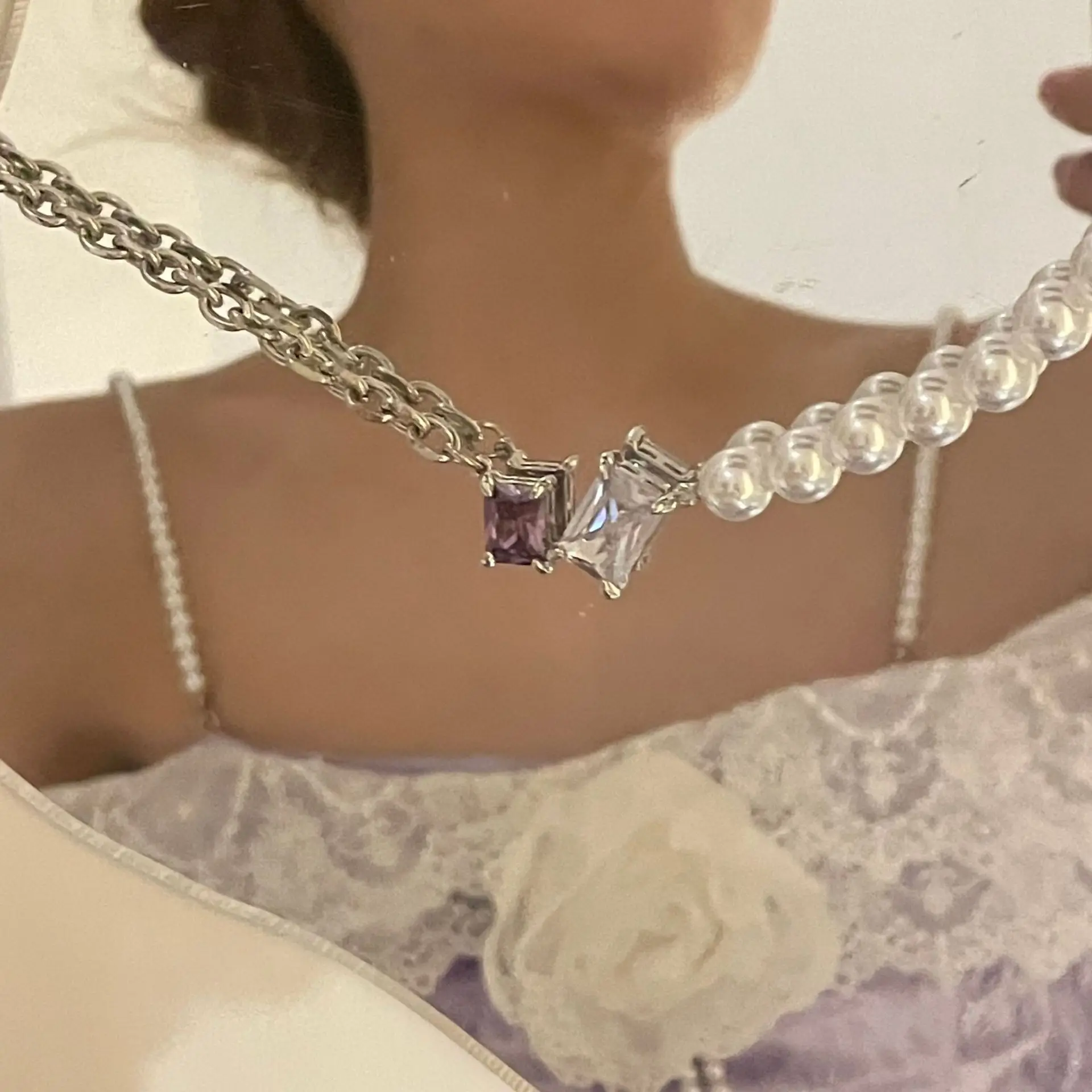 

Designer Simple Square Faux Pearl Necklace New Women's INS Zircon Mosaic Clavicle Chain