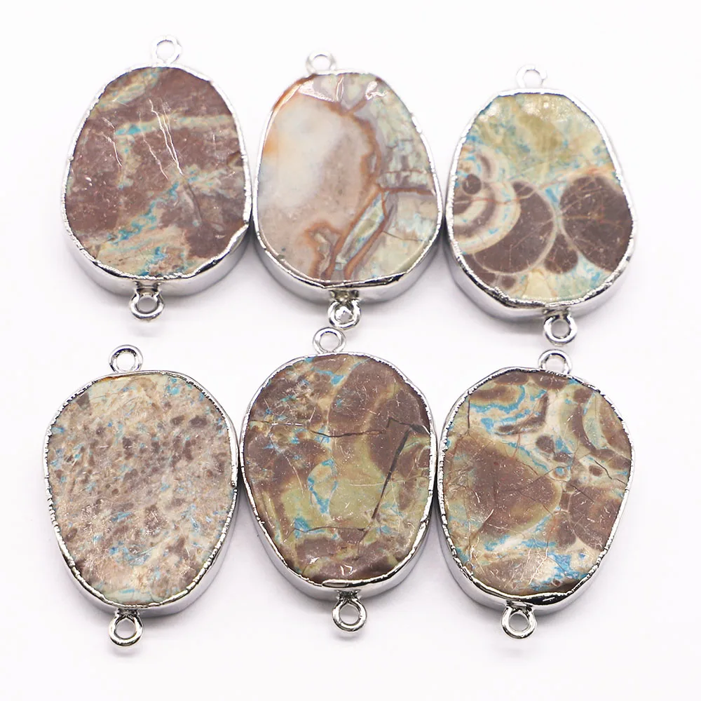 Natural Ocean Stone Oval Silver Edge Pendant Connector Section Mineral Healing Necklace Charm Jewelry Accessories Wholesale 5Pcs