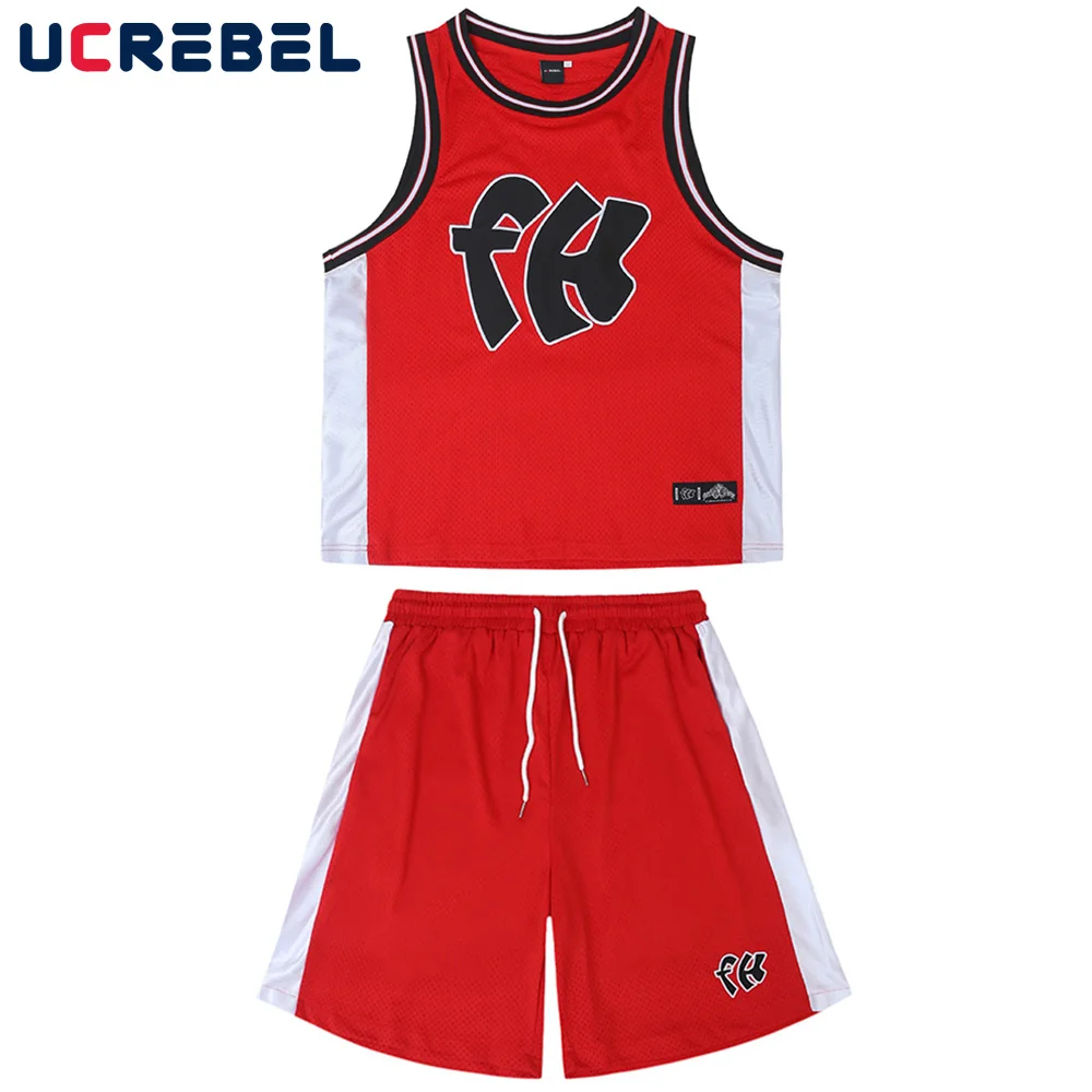 

Letter Sleeveless Basketball Clothes Suit Mens Summer Streetwear Sleeveless Vest Mesh Basketball Shorts Men Two-piece Suit