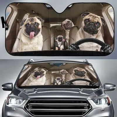 

Funny Black and Tan Pugs Family Left Hand Drive Car Sunshade for Pug Mom, Pug Dogs Driving Auto Sun Shade for Pug Owner, Gift fo