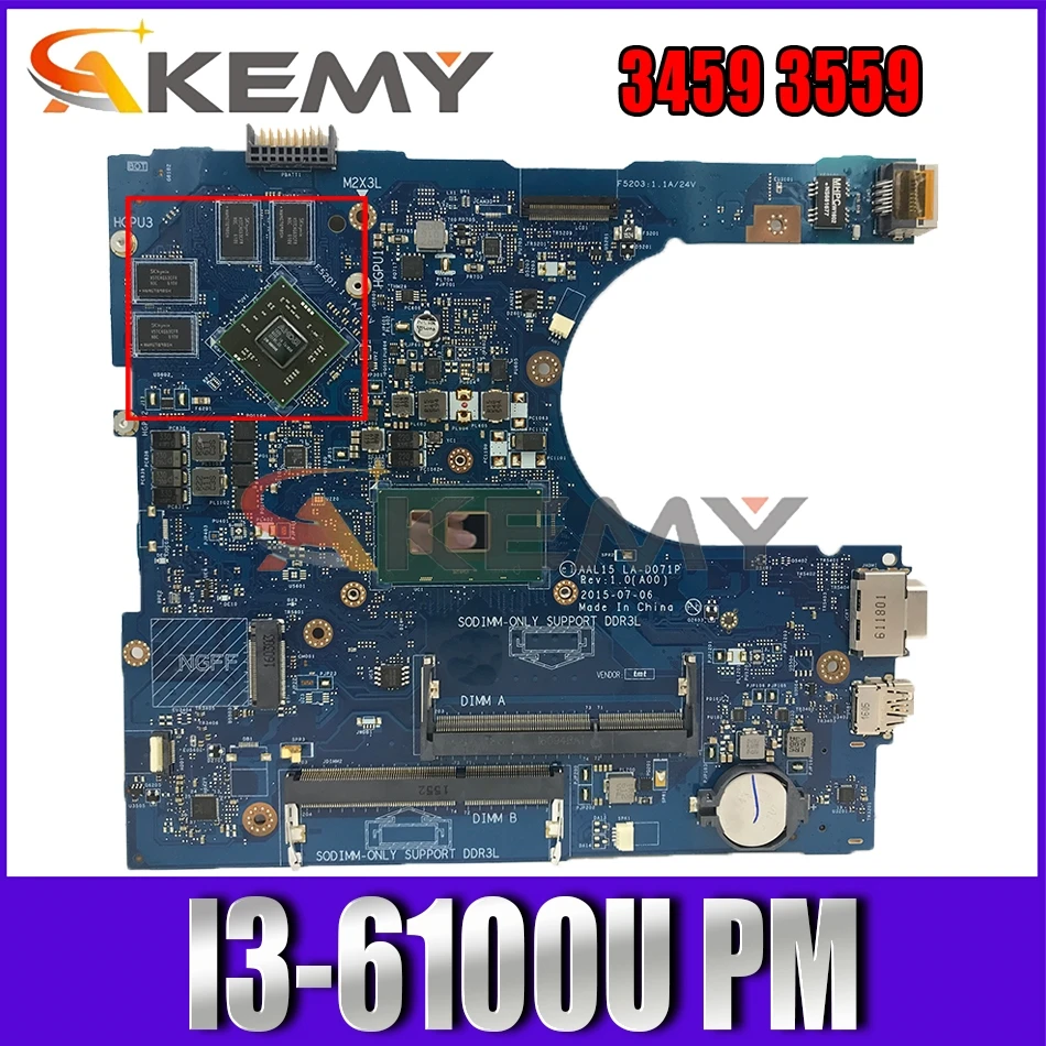 

Akemy I3-6100U FOR Dell VOSTRO 3459 3559 Laptop Motherboard AAL15 LA-D071P CN-0NWT95 NWT95 VGA port Mainboard 100%tested