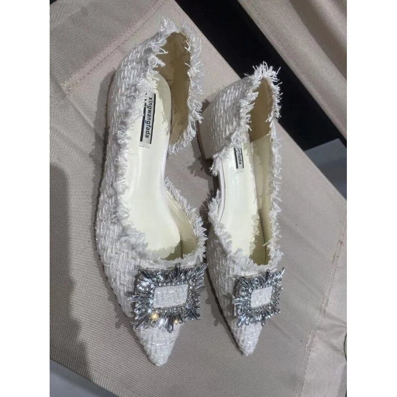 ZOOKERLIN Pointed Denim Tassel Rhinestone Square Buckle Flats Shoe Women's Shoes Fashion Elegant Slip On Dress Shoes Solid Color