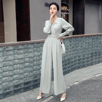 spring new womens clothing ladies temperament trousers v neck high waisted wide leg pants female casual loose straight jumpsuit