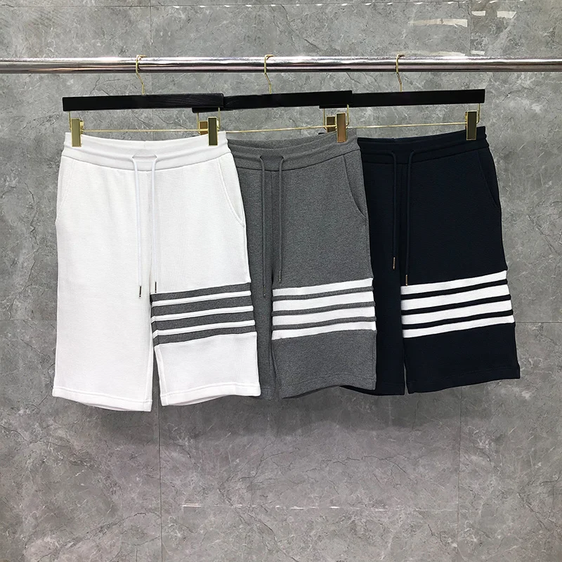 

TB THOM Summer Male Shorts Fashion Brand Cotton Waffle 4-Bar Stripe Casual Sports Trousers Jogger Track Shortpants