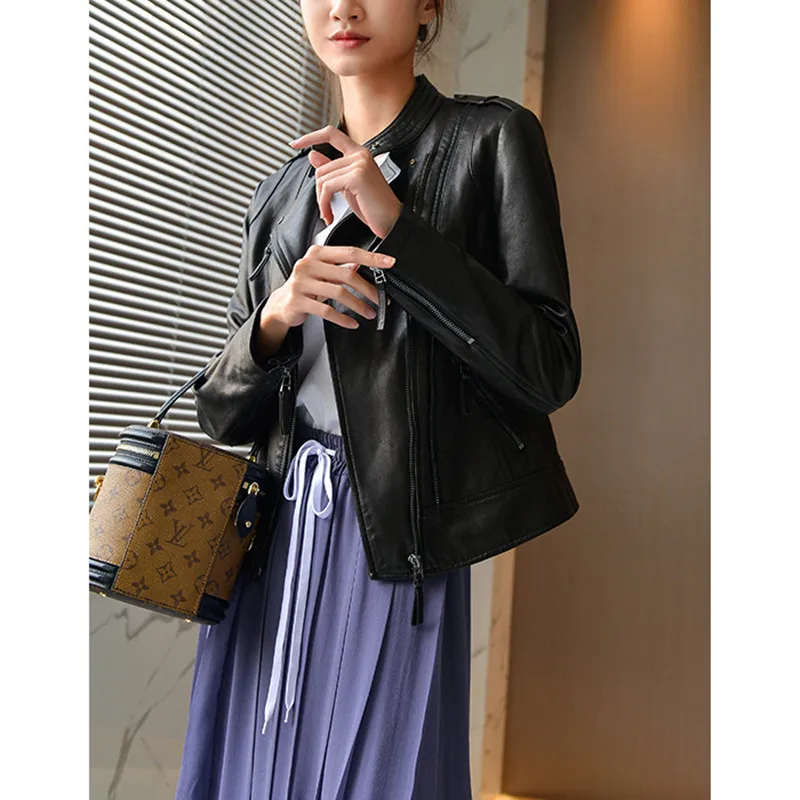 Genuine Leather Coat Female Short Jacket Spring And Autumn Women's Slim Sheepskin Stand Collar Slim Western Jacket