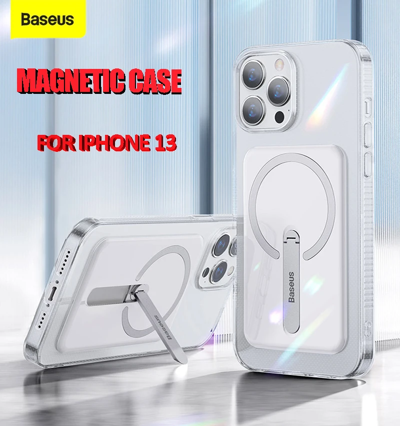 

Baseus Magnetic Magsafe Phone TPU Case with a Bracket Card Pocket Transparent Back Cover For iphone 13 pro mini Max
