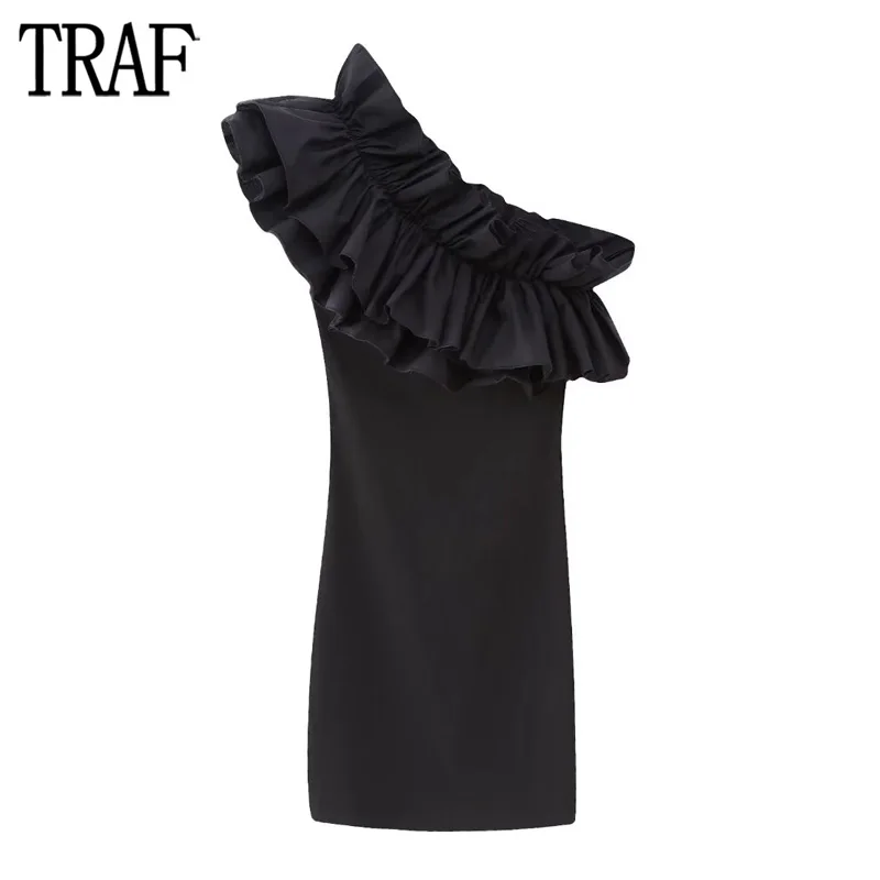

TRAF Asymmetric Ruffle Dress Woman Black Bodycon Mini Dress Women Sleeveless Party Dresses for Women Off Shoulder Summer Dresses