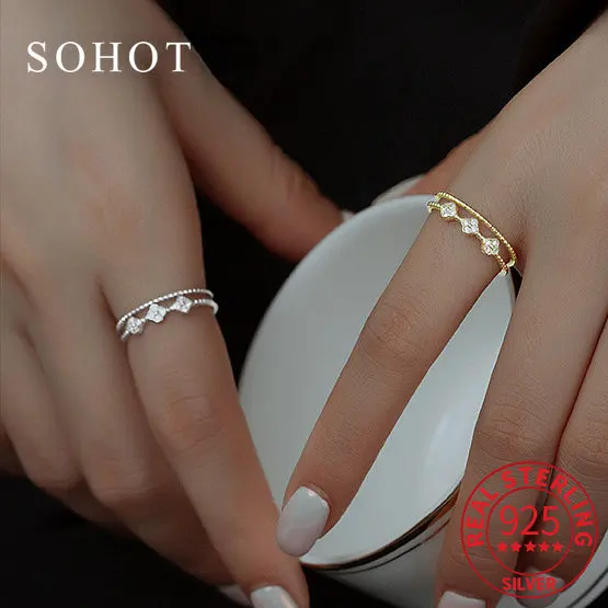 

Real 925 Sterling Silver Square Zircon Double Layer Adjustable Ring For Women Cute Fine Jewelry Minimalist Accessories