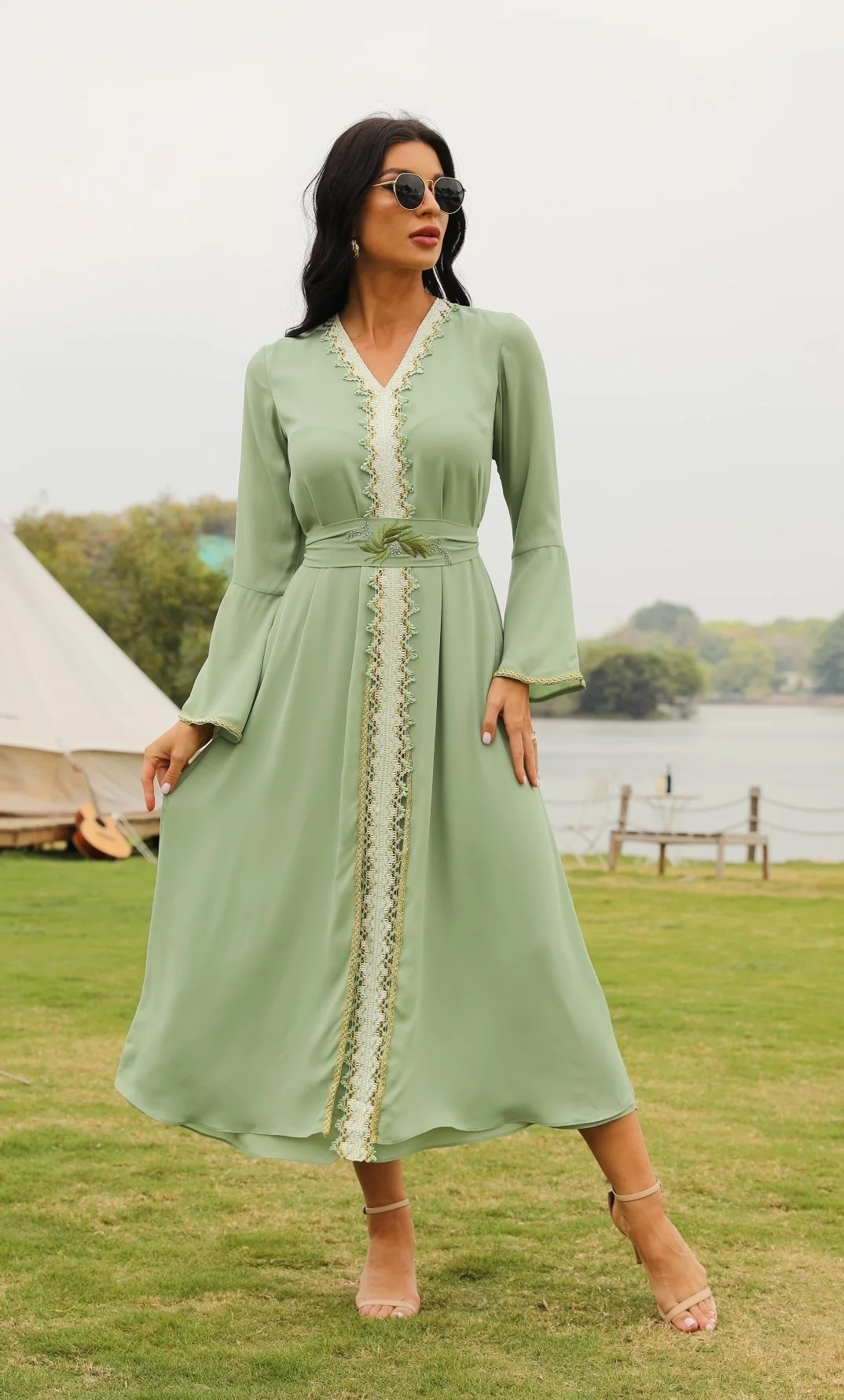 

Muslim Arab Women Chiffon Solid Long Sleeve Dress Vestidos Abaya Dubai Turkey Islam Moroc Arabic Pakistani Long Dresses Women