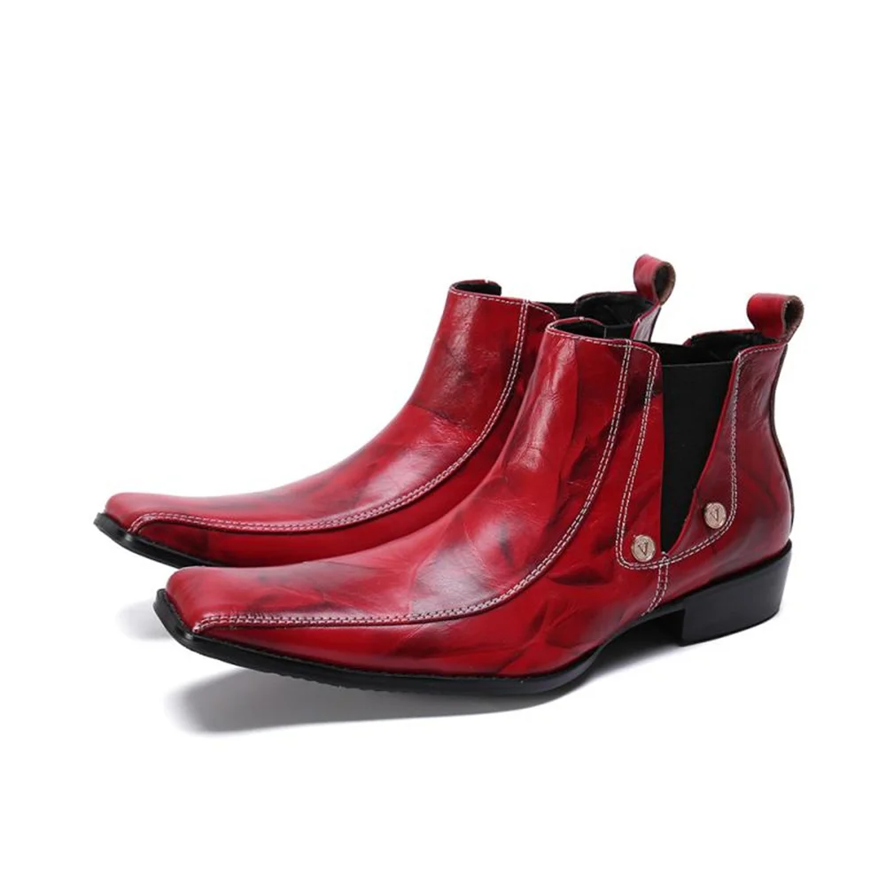

Red Square Toe Genuine Leather High Heels Slip-On Boots Male Plus Size Fashion Party Wedding Vintage For Men Dress Shoes