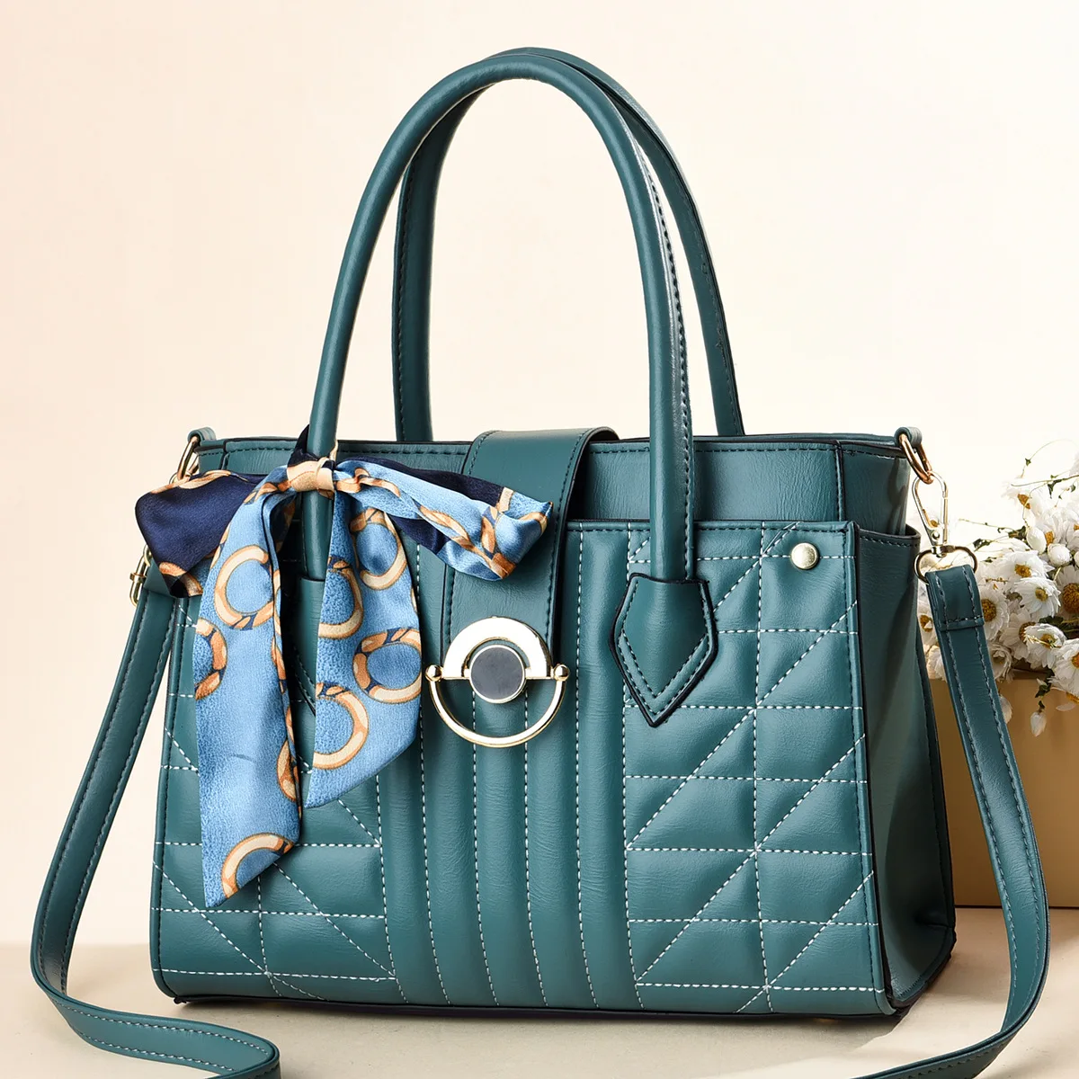 The New Simple Printed Silk Scarf Has A Large Capacity Solid Color One-shoulder Cross-body Texture Women's Bag