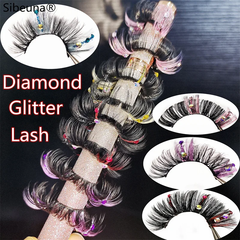 

DD Curly Blue Pink Red Colored Glitter Shimmery Diamond Eyelashes New Hot Trending Hand Made Full Strip 18-20mm Faux Mink Lashes
