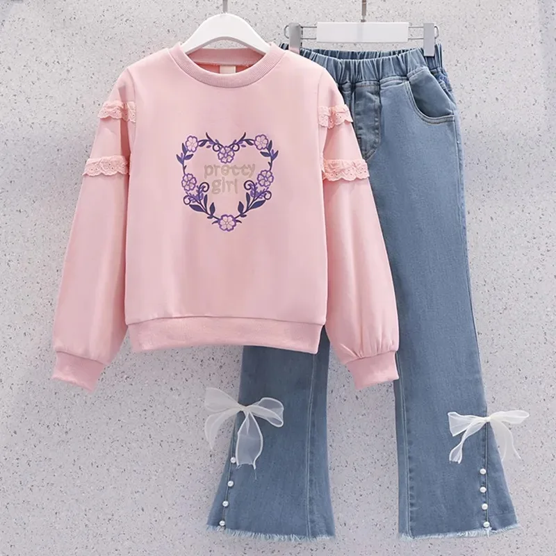 

Children Girls Autumn Embroidery Flower Clothes Set Sweater and Jeans Suit Kids Cotton Full Sleeve Top Denim Pants 2pcs Outfits