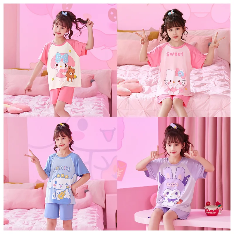 

Летняя тонкая Пижама Sanrios для мальчиков и девочек с принтом аниме My Melody Cinnamoroll Kuromi Kawaii шорты с коротким рукавом домашняя одежда