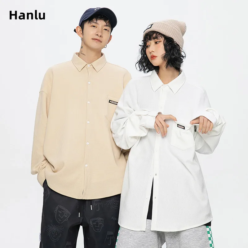 

2022 new waffle shirt men's and women's loose long sleeve solid oversize shirt thin youth coat