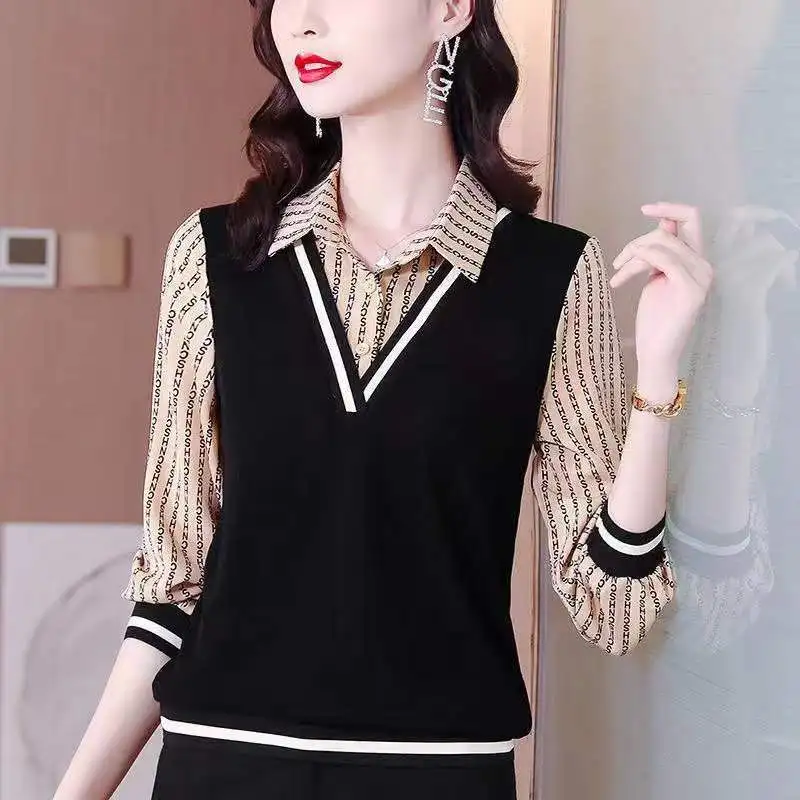 Fake Two-piece Bottoming Polo Shirts Women's Spring Autumn New Fashion All-match Long-sleeved Blouse Tops
