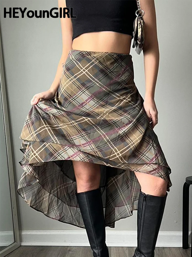 

HEYounGIRL шифоновая клетчатая Женская длинная юбка в винтажном стиле Y2K Летняя женская юбка средней длины с высокой талией ассиметричный подол наряды в уличном стиле