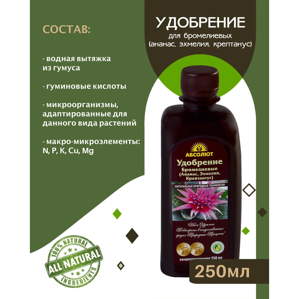Удобрение для бромелиевых (ананас эхмелия крептантус) БИОАБСОЛЮТ 250 мл |