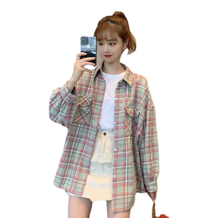 

Клетчатая рубашка для девочек на весну и лето 2021, новейшая стильная свободная тонкая Солнцезащитная рубашка с коллажем, куртка, рубашка с дл...