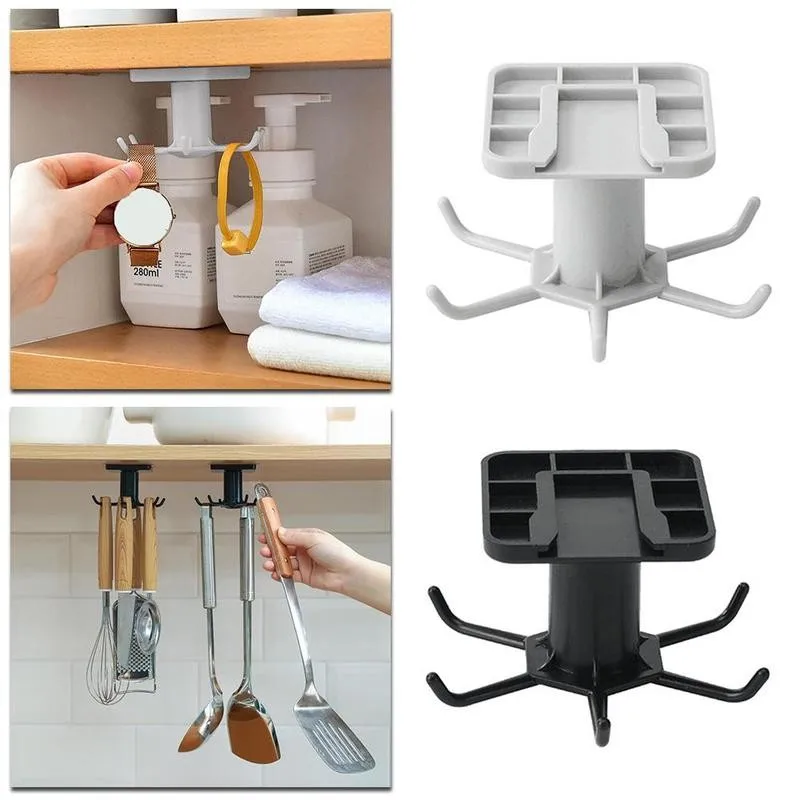360 degrees rotating 6 hooks under shelf cabinet hanging rack wall door storage hook towel holder ties hanger kitchen organizer free global shipping