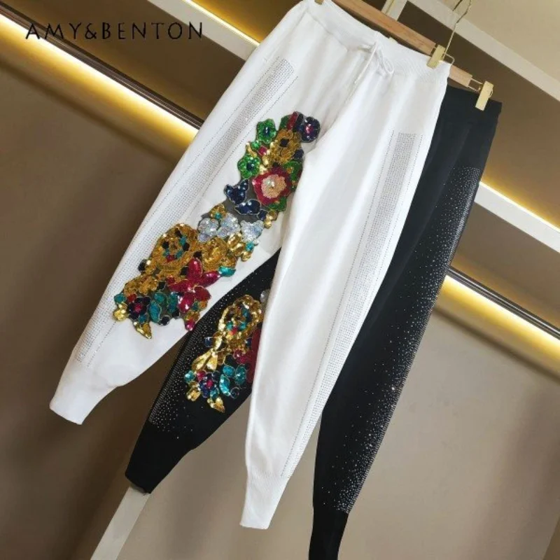 Fashionable Diamond-Embedded Sweatpants for Women 2023 New Spring Chic High-End Pants Youthful-Looking Ankle-Tied Trousers