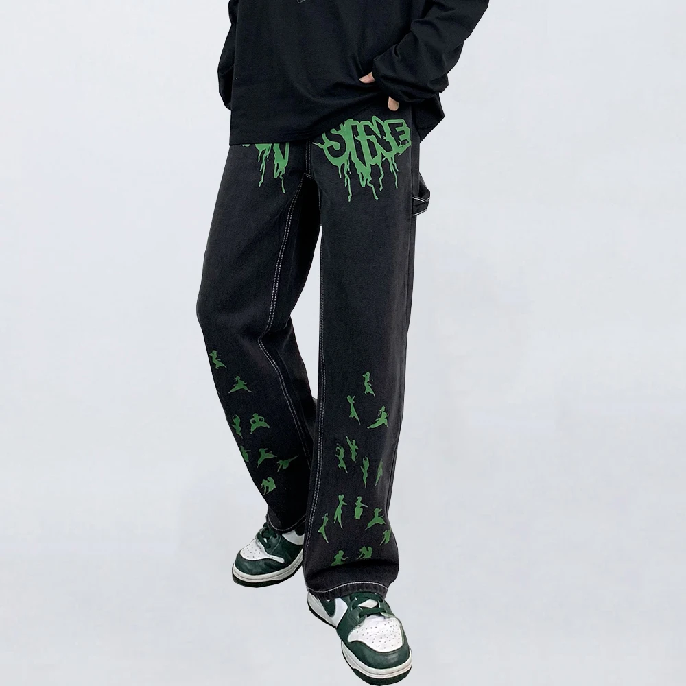 Four Seasons Men's Jeans Letter Print Straight Loose Jeans Hip Hop Men's Pants Y2k Pants Fashion Streetwear Ins Hot Sale JEANS