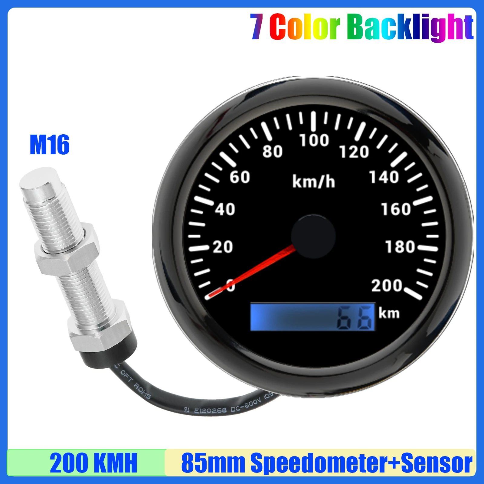 Аналоговый импульсный сигнал, спидометр 85 мм с датчиком хольца M16, 7 цветов, 30 км/ч, 60 км/ч, 120 км/ч, 200 км/ч, измеритель скорости автомобиля, лодки