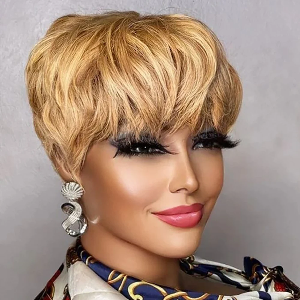 Brown Short Pixie Cut Wig Human Hair For Black Women Machine  display picture 1