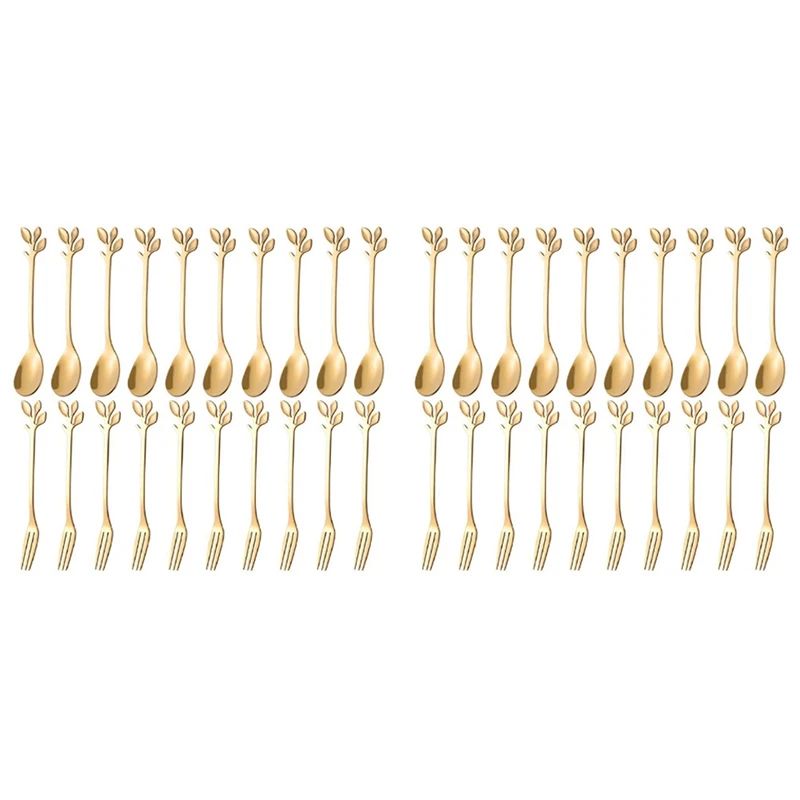 

Dessert Spoon Fork Set,40 Pcs 4.7 Inch Cake Fork,Coffee Spoon,Creative Gold Leaf Fruit Fork,(10 Spoon + 10 Fork)