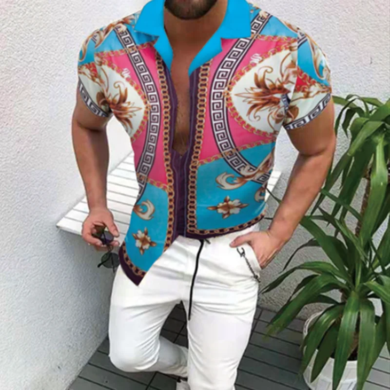 2023 Fashion Beach Social Men Shirts Turn-down Collar Buttoned Blouse Casual Print Short Sleeves Male Clothing