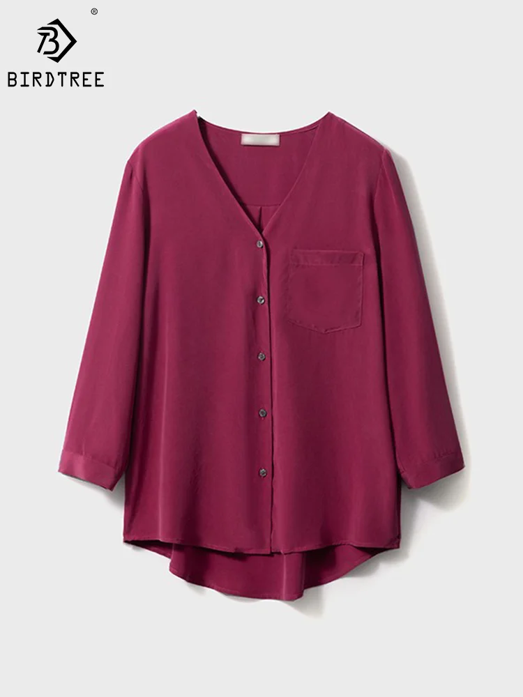 

Birdtree 100%Natural Silk Solid Shirts With Pocket Soft Long Sleeve V-Neck Woman Elegant Shirt Autumn Winter Blouse Top T38353QM