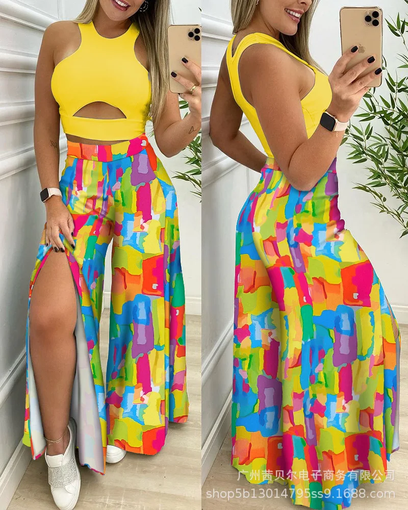 

2023 New Contrast Split Crop Tops and Wide-leg Pants Set 2 Piece Sets Womens Outfits