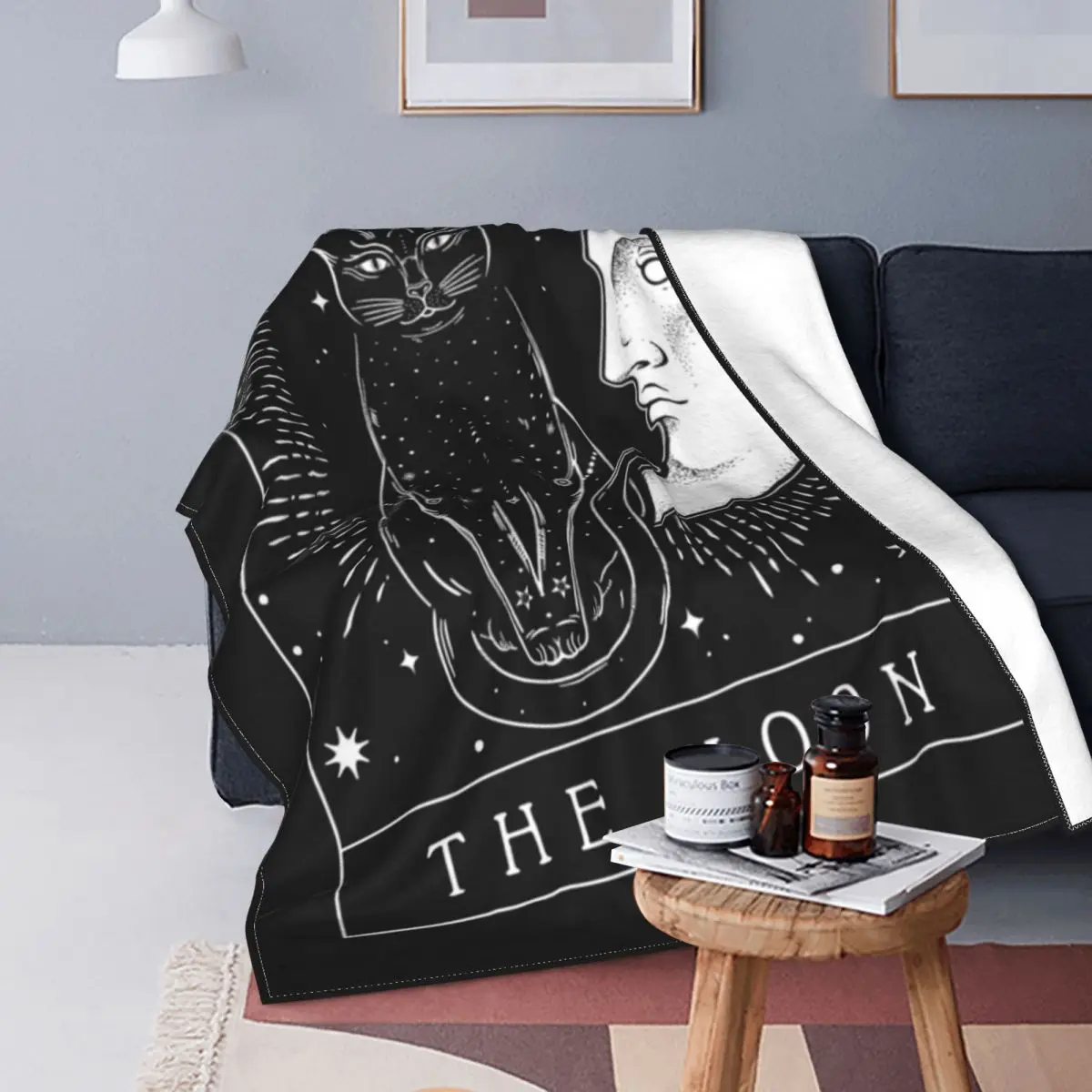 

Manta con gráfico de luna creciente y gato para el Tarot, manta ligera mágica de franela, ropa de cama, colchas al aire libre