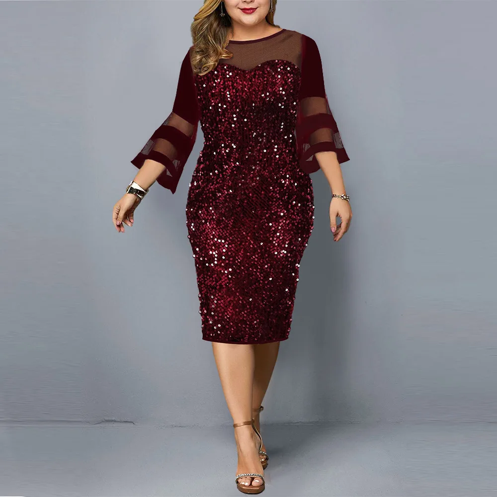 

2022 Hot Burgundy Sequin Mother of the Bride Dress Plus Size Jewel 3/4 Sleeve Tea Length Groom Party Gowns Robe De Soiree