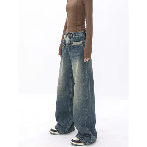 Streetwear Retro Fashion 2023 Spring Summer Women High Waist Jeans Loose Wide Leg Straight Loose Denim Trousers Y2K Pants