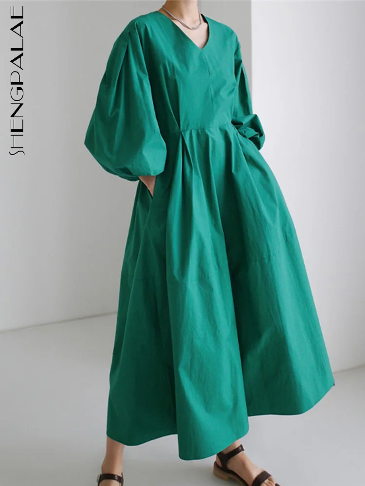 

SHENGPAIAE Loose Waist V-neck Solid Color Puff Sleeve Robe Dress For Women 2023 Summer Female New Fashion Trendy Clothing 5Q453