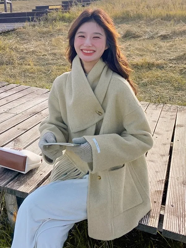 Молочно-желтый шарф с воротником двустороннее шерстяное пальто из ангоры