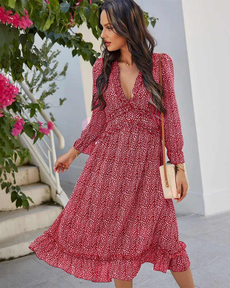 

Autumn Long Sleeve Chiffon Dresses for Women Ruffles Boho Floral Printed Dress Elegant Lady V-neck Casual Maxi Long Dress Party