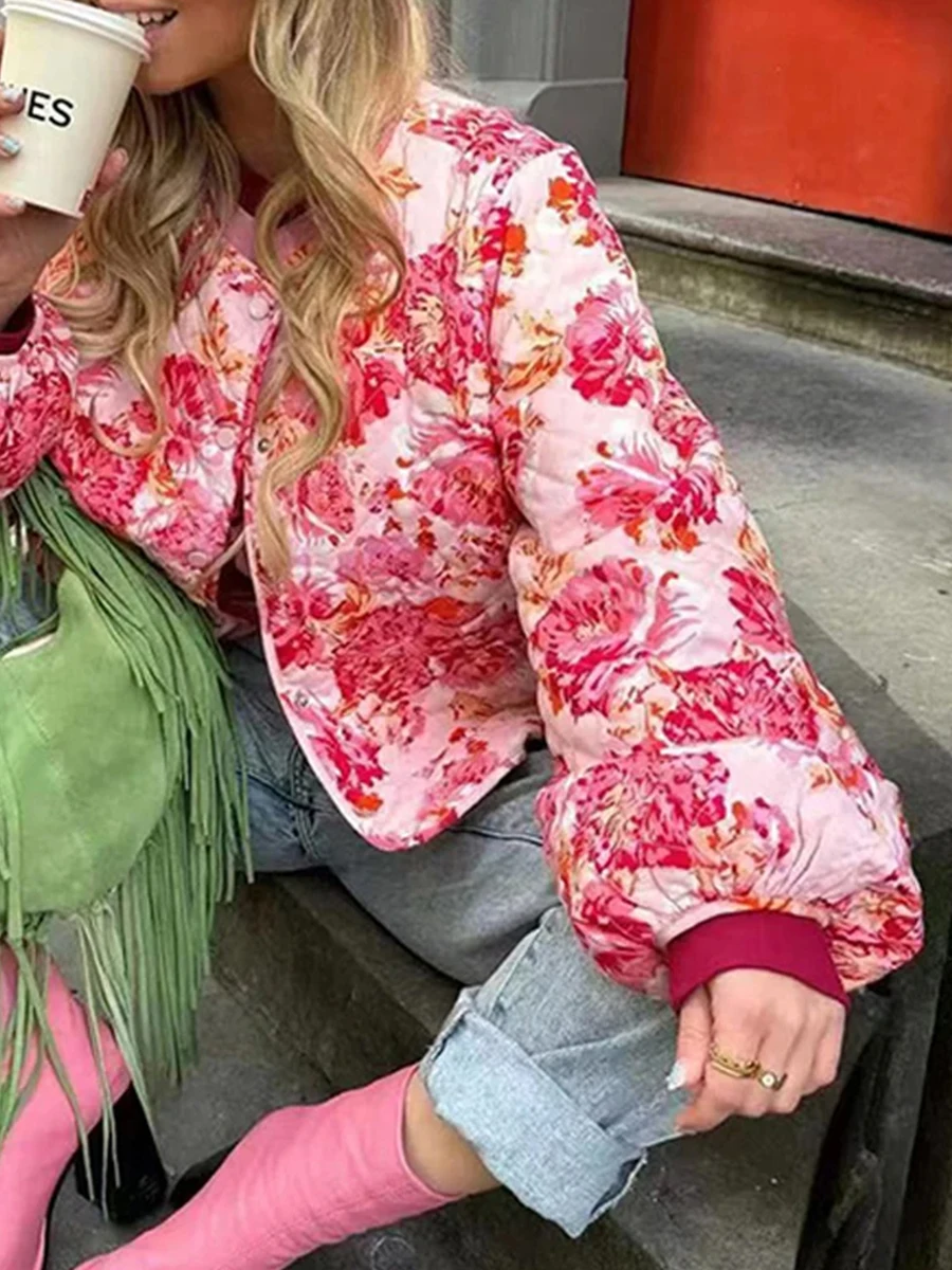 Женская Стеганая куртка на пуговицах Легкий Повседневный Кардиган с цветочным